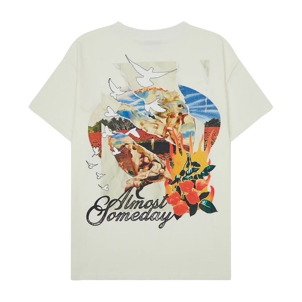 Almost Someday Distressed Purgatory Short Sleeve Tee-Shirt, Cream, Size L,‎ NWT
